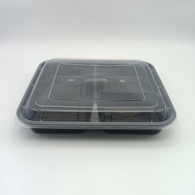 Disposable three-compartment plastic food container with high lid 