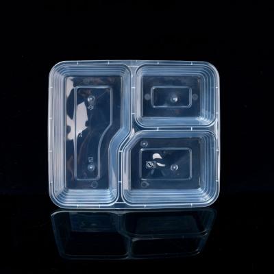 Disposable Plastic Food Container with Flat Lid and Three Compartments