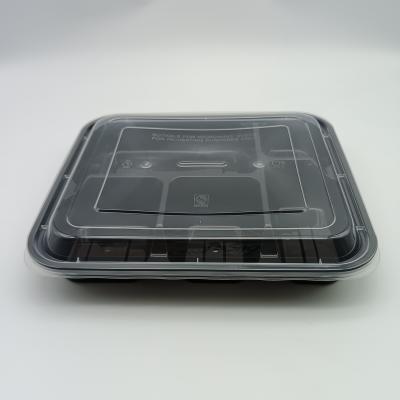 Disposable five-compartment plastic food container with high lid